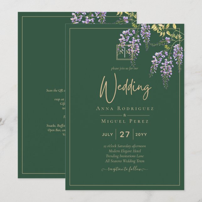 LeahG Green Purple WISTERIA Wedding INVITE (Front/Back)