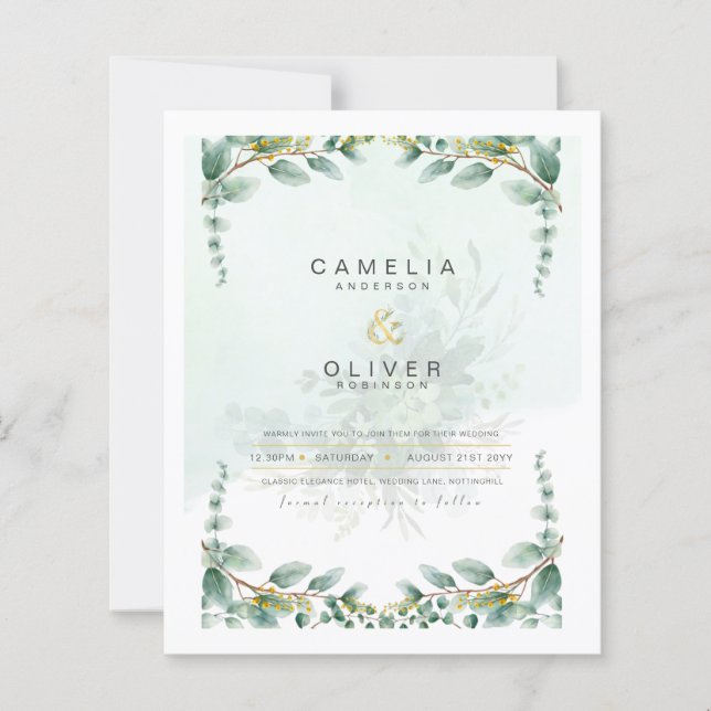 LeahG Greenery Eucalyptus Gold Wedding Invite QR C (Front)