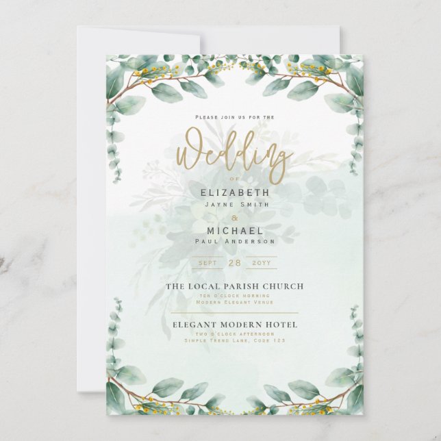 LeahG Greenery Eucalyptus Gold Wedding Invite QR C (Front)