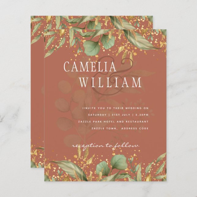 LeahG Greenery Gold Wedding Invite MANY COLORS (Front/Back)