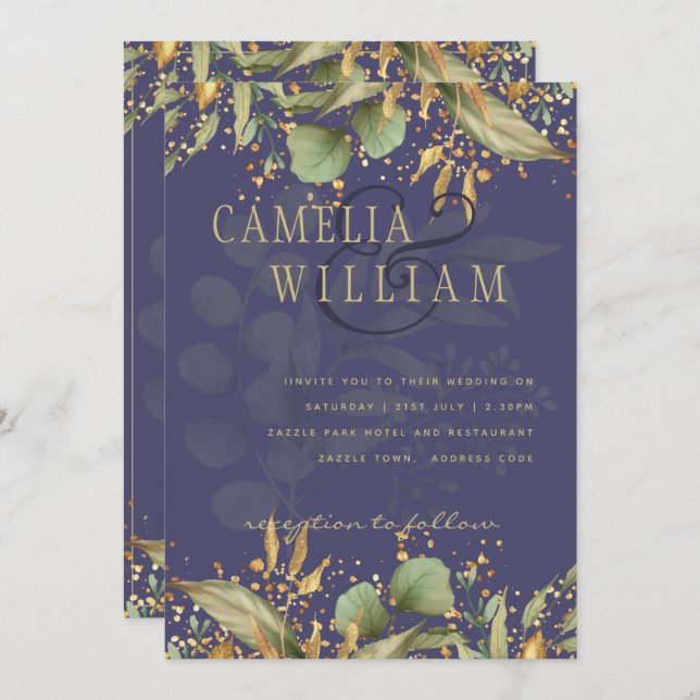 LeahG Greenery Gold Wedding Invite MANY COLORS (Front/Back)