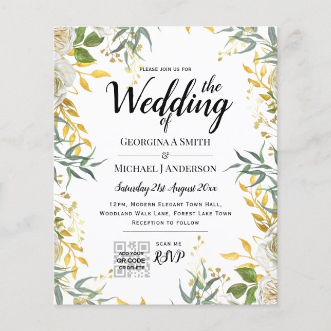 LeahG Greenery Gold Wedding QR CODE RSVP INVITE Flyer (Front)
