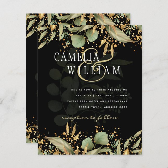 LeahG Greenery Leaves Black Gold Wedding Invite (Front/Back)