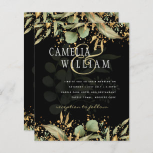 LeahG Greenery Leaves Black Gold Wedding Invite