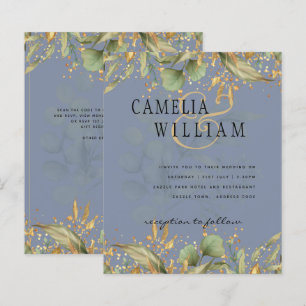 LeahG Greenery Leaves Blue Gold Wedding Invite