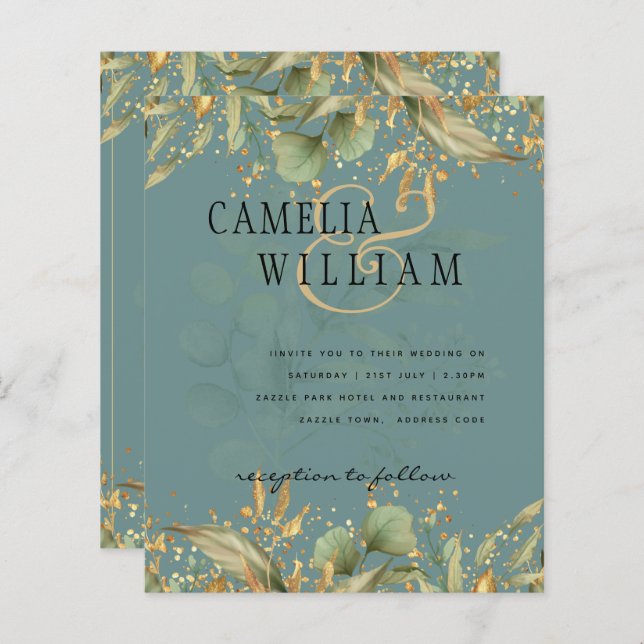 LeahG Greenery Leaves Green Gold Wedding Invite (Front/Back)