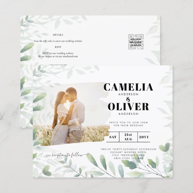 LeahG Greenery Leaves PHOTO OVERLAY Wedding Invite (Front/Back)