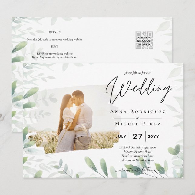 LeahG Greenery Leaves PHOTO OVERLAY Wedding Invite (Front/Back)