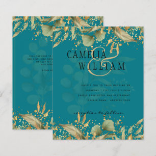 LeahG Greenery Sea Glass Teal Gold Wedding Invite
