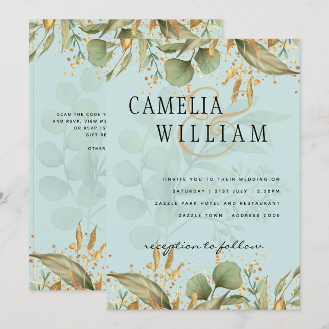 LeahG Greenery Sea Glass Teal Gold Wedding Invite (Front/Back)