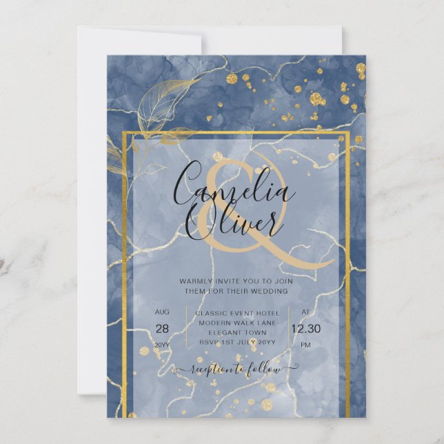 LeahG INK Navy Blue Gold Wedding Invitation (Front)