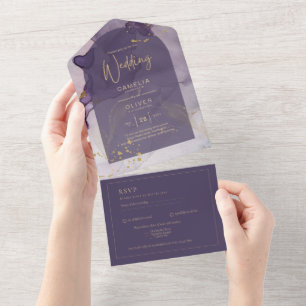 LeahG Ink Ombre Purple Lavender Gold Wedding All In One Invitation