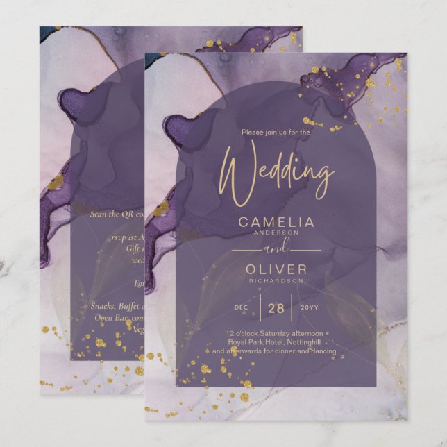 LeahG Ink Ombre Purple Lavender Gold Wedding Invitation (Front/Back)