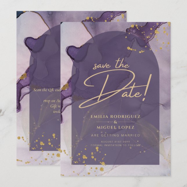 LeahG Ink Ombre Purple Lavender Gold Wedding Invitation (Front/Back)