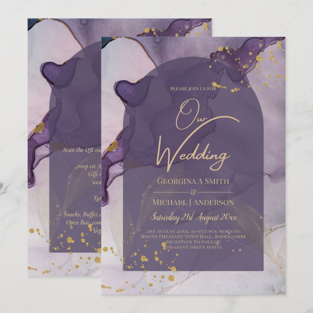 LeahG Ink Ombre Purple Lavender Gold Wedding Invitation (Front/Back)