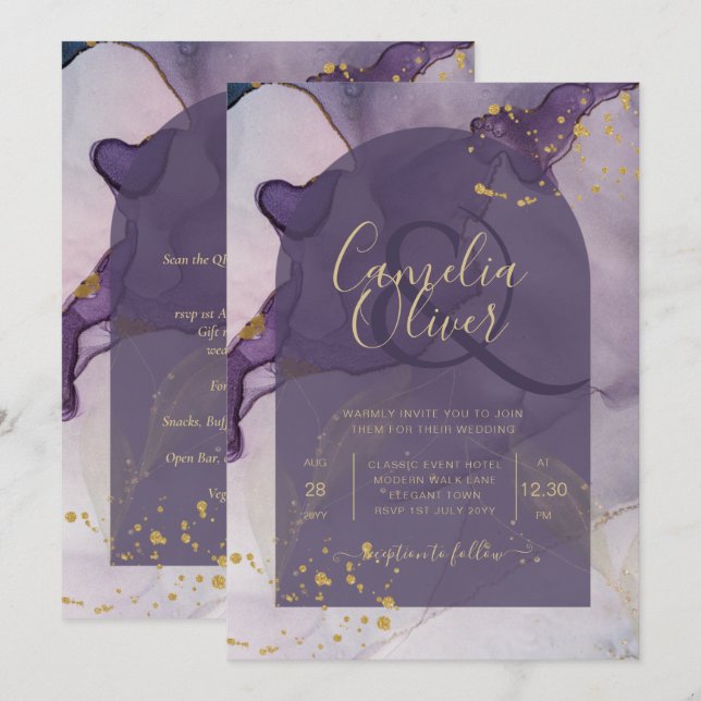 LeahG Ink Ombre Purple Lavender Gold Wedding Invitation (Front/Back)