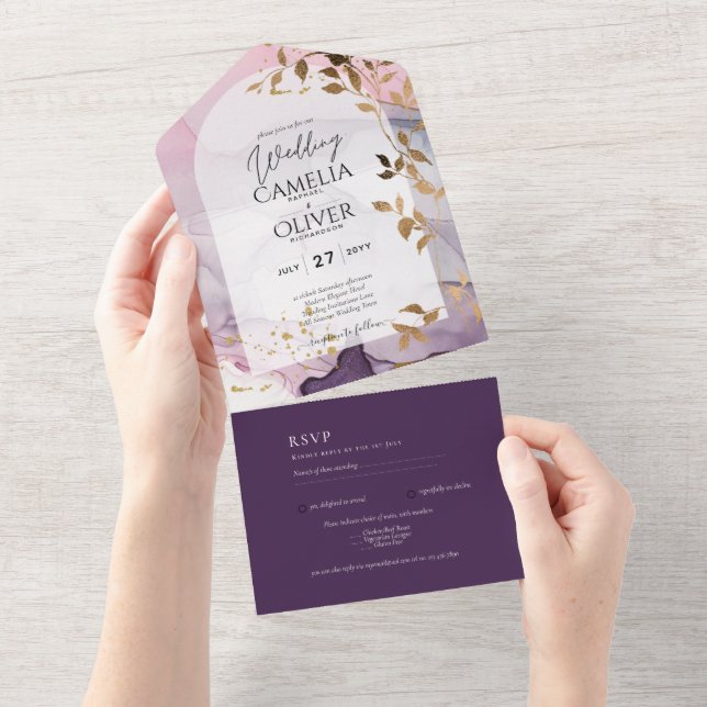 LeahG Ink Ombre Purple Pink Pink Gold Wedding All In One Invitation (Tearaway)