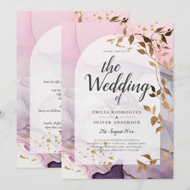 LeahG Ink Ombre Purple Pink Pink Gold Wedding Invitation (Front/Back)