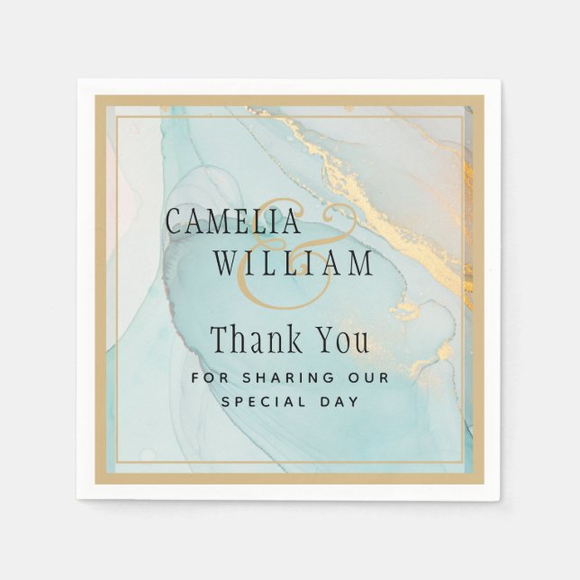 LeahG INK Sea Glass Teal Gold Wedding Napkin (Front)