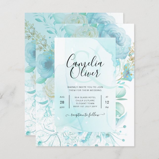 LeahG INK Sea Glass Turquoise Aqua Abstract INVITE (Front/Back)