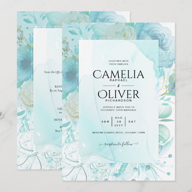 LeahG INK Sea Glass Turquoise Aqua Abstract INVITE (Front/Back)