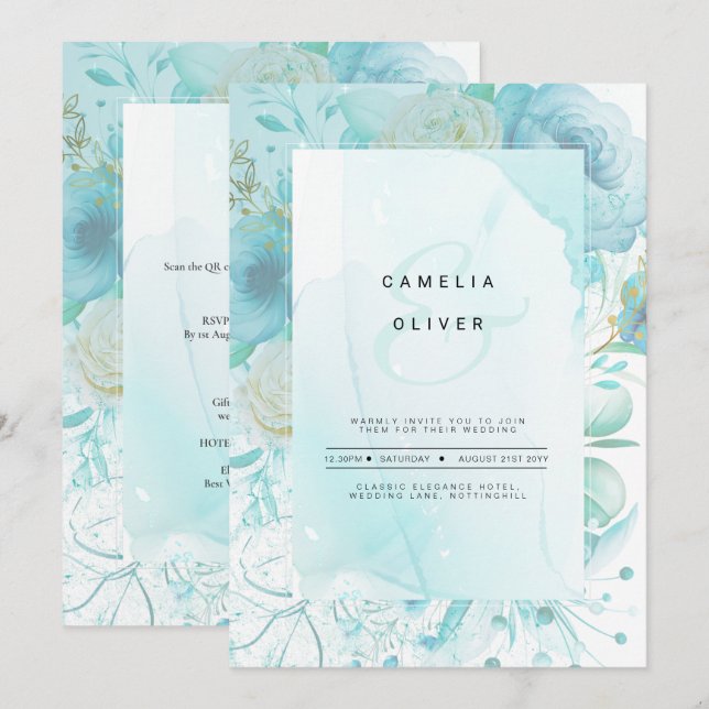 LeahG INK Sea Glass Turquoise Aqua Abstract INVITE (Front/Back)