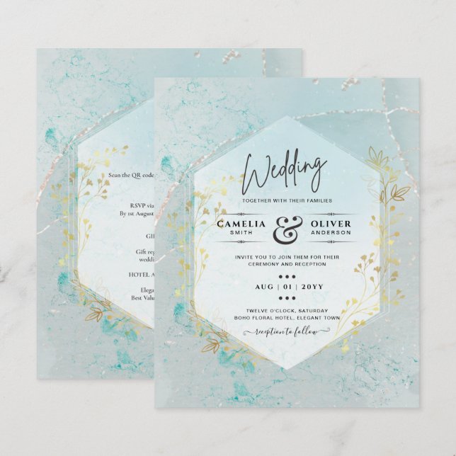 LeahG INK Sea Glass Turquoise Gold Aqua INVITE (Front/Back)