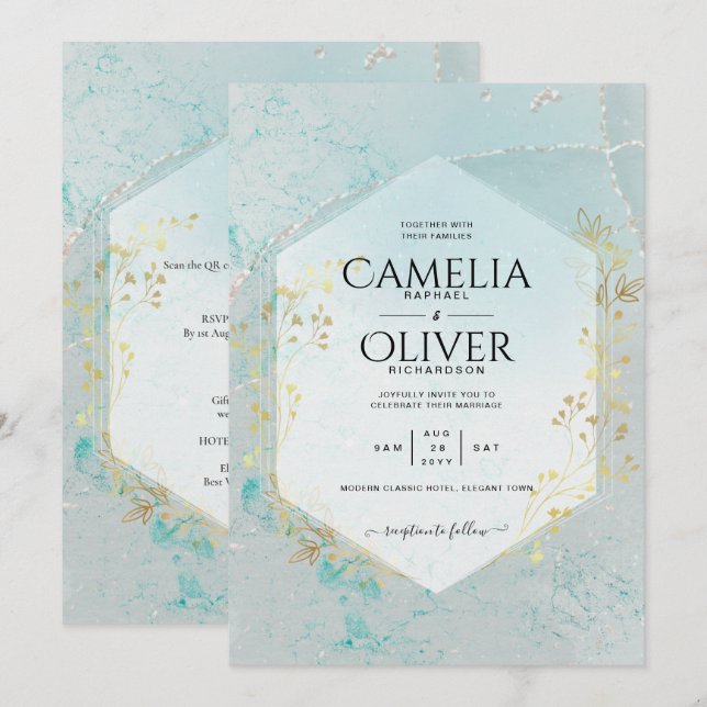 LeahG INK Sea Glass Turquoise Gold Aqua INVITE (Front/Back)