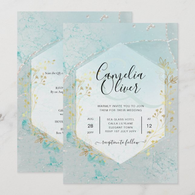 LeahG INK Sea Glass Turquoise Gold Aqua INVITE (Front/Back)