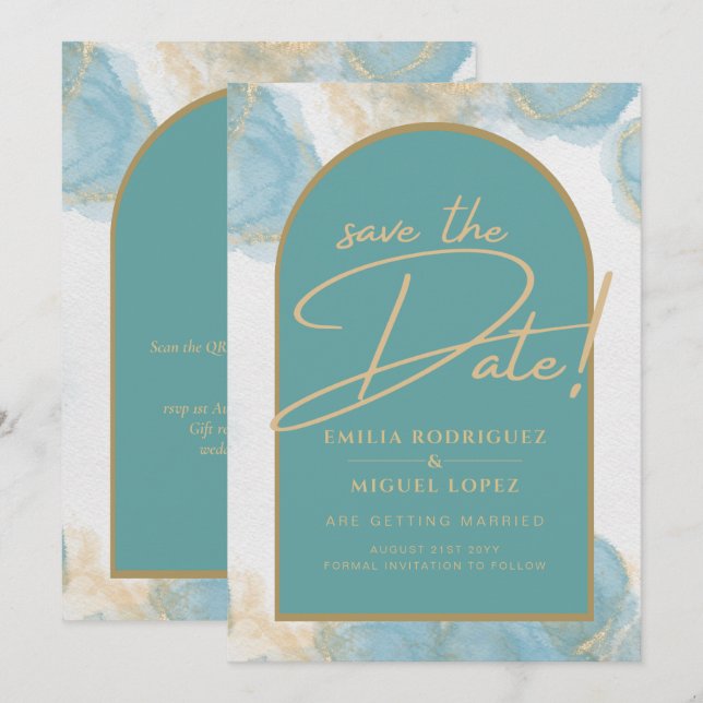 LeahG INK Sea Glass Turquoise Teal Gold INVITE (Front/Back)
