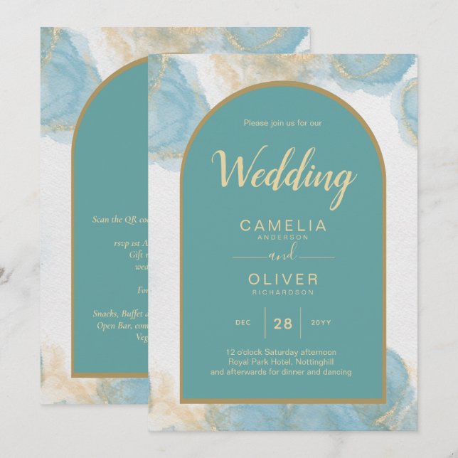 LeahG INK Sea Glass Turquoise Teal Gold INVITE (Front/Back)