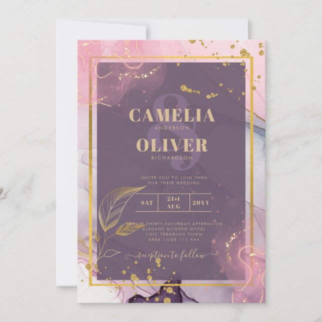 LeahG® Lavender INK Mauve Purple Gold Wedding Invitation (Front)