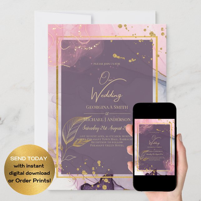 LeahG® Lavender INK Mauve Purple Gold Wedding Invitation (Creator Uploaded)