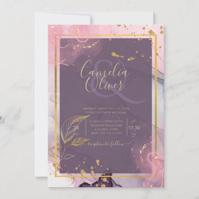 LeahG® Lavender INK Mauve Purple Gold Wedding Invitation (Front)