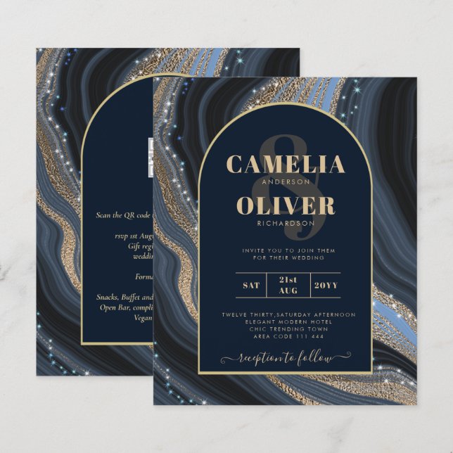 LeahG Navy Blue Gold Agate STARRY NIGHT Wedding  (Front/Back)