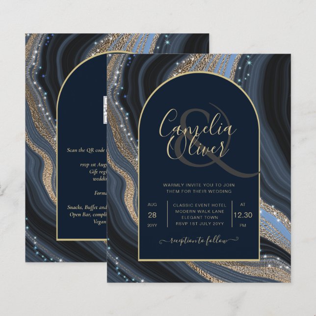 LeahG Navy Blue Gold Agate STARRY NIGHT Wedding  (Front/Back)