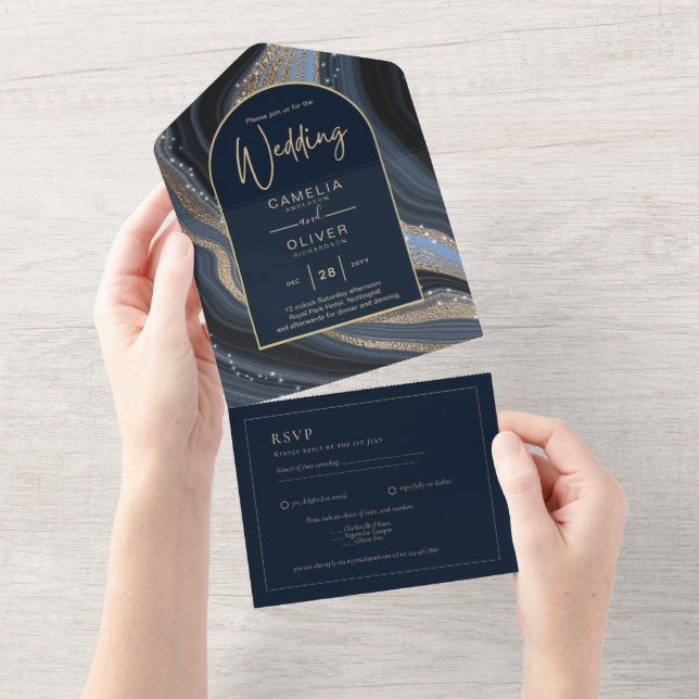 LeahG Navy Blue Gold Agate STARRY NIGHT Wedding  All In One Invitation (Tearaway)