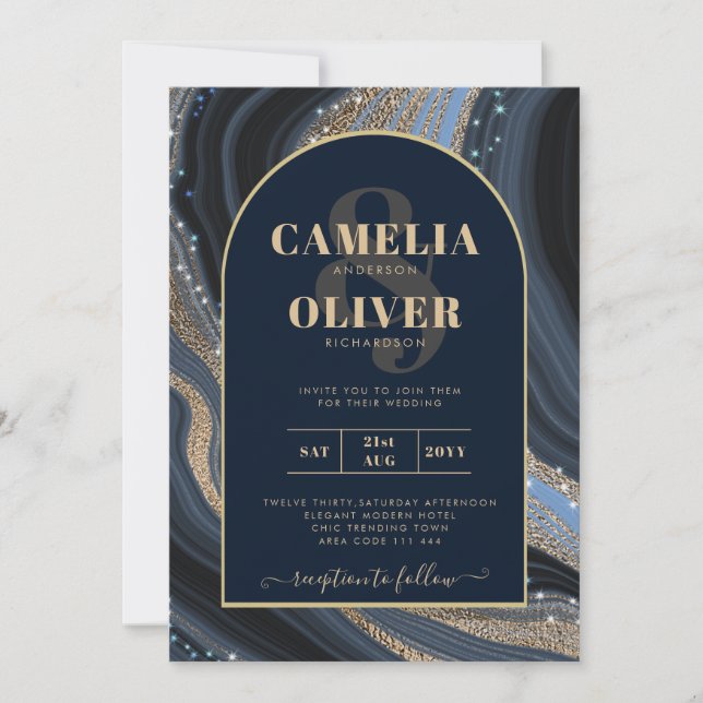 LeahG Navy Blue Gold Agate STARRY NIGHT Wedding  Invitation (Front)