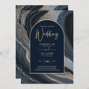 LeahG Navy Blue Gold Agate STARRY NIGHT Wedding Invitation