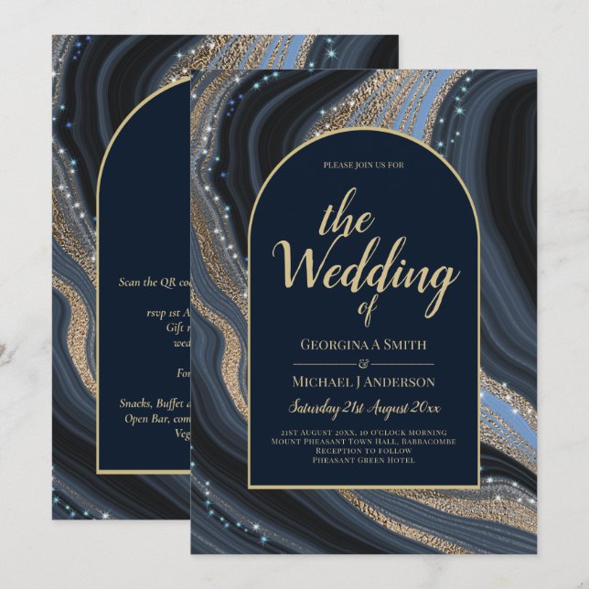 LeahG Navy Blue Gold Agate STARRY NIGHT Wedding  Invitation (Front/Back)