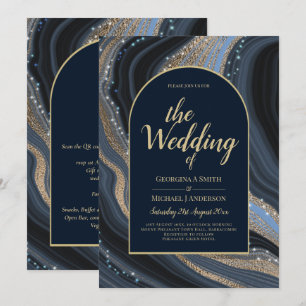 LeahG Navy Blue Gold Agate STARRY NIGHT Wedding  Invitation