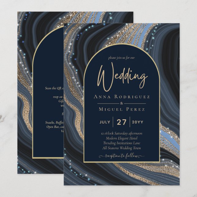 LeahG Navy Blue Gold Agate STARRY NIGHT Wedding  Invitation (Front/Back)