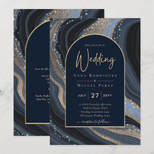 LeahG Navy Blue Gold Agate STARRY NIGHT Wedding Invitation