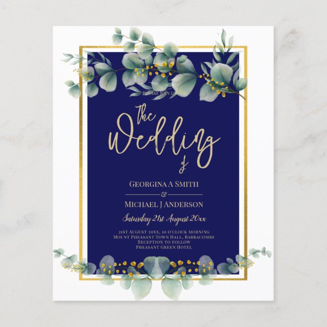 LeahG NAVY BLUE GOLD Greenery Eucalyptus Wedding Flyer (Front)