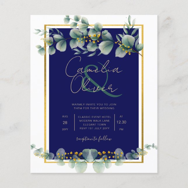 LeahG NAVY BLUE GOLD Greenery Eucalyptus Wedding Flyer (Front)
