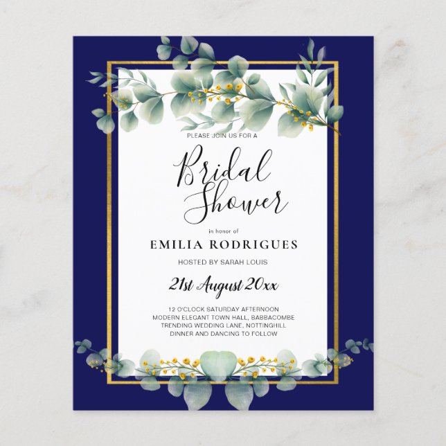 LeahG NAVY BLUE GOLD Greenery Eucalyptus Wedding Flyer (Front)