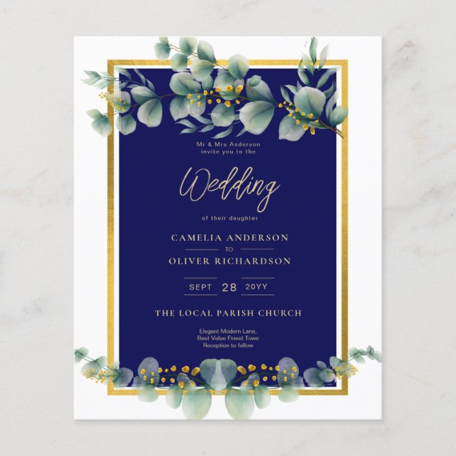 LeahG NAVY BLUE GOLD Greenery Eucalyptus Wedding Flyer (Front)