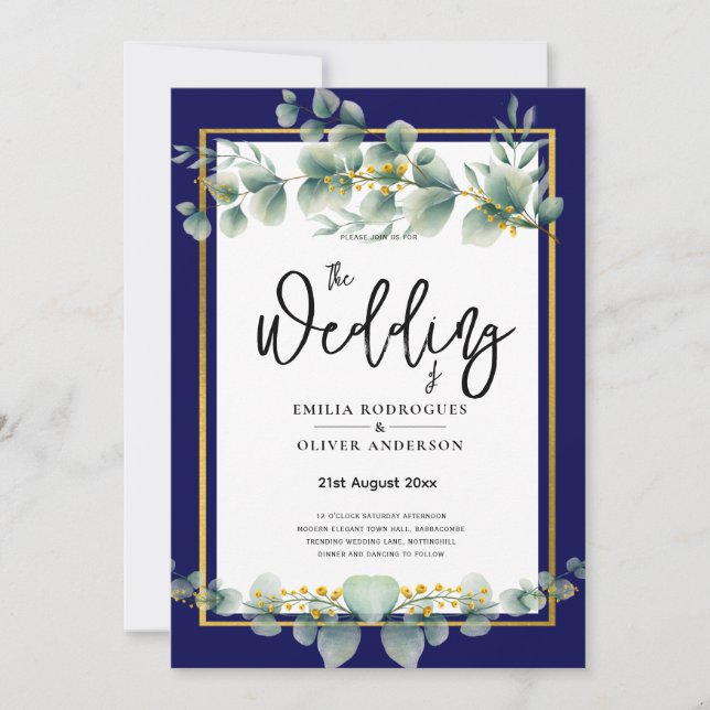 LeahG NAVY BLUE GOLD Greenery Eucalyptus Wedding Invitation (Front)