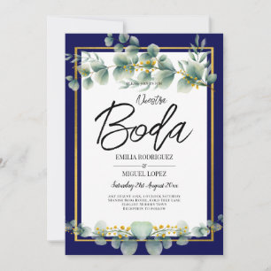 LeahG NAVY BLUE GOLD Greenery Eucalyptus Wedding Invitation