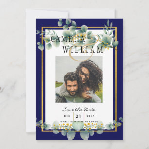 LeahG NAVY BLUE GOLD Greenery Eucalyptus Wedding Invitation